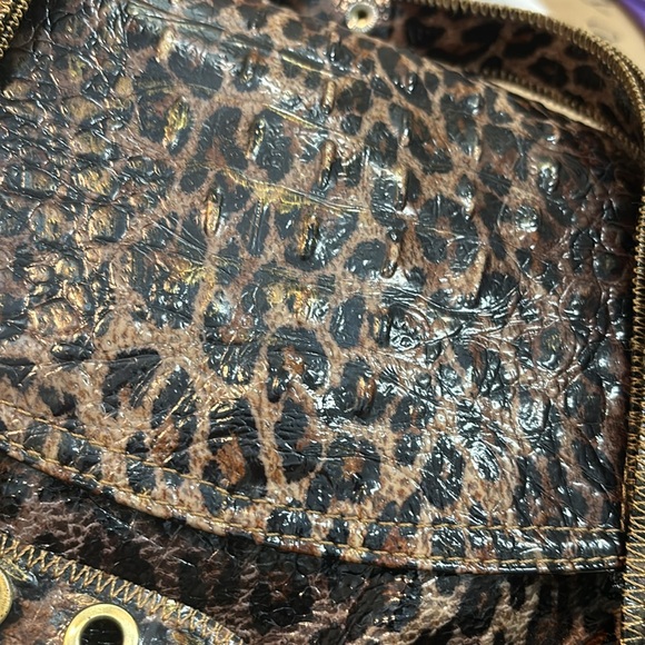 Charlie Lapson Croc Leopard Textured Print Satchel Bag Brass Hardware - Picture 12 of 16